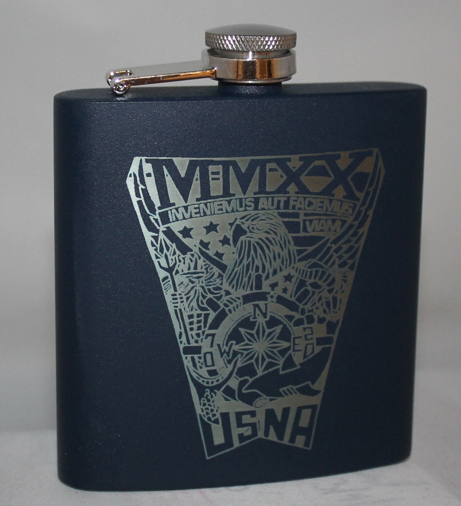 Custom Laser Engraved 6 oz Stainless Steel powder coated Flask USNA USMMA USAFA - Samstagsandmore