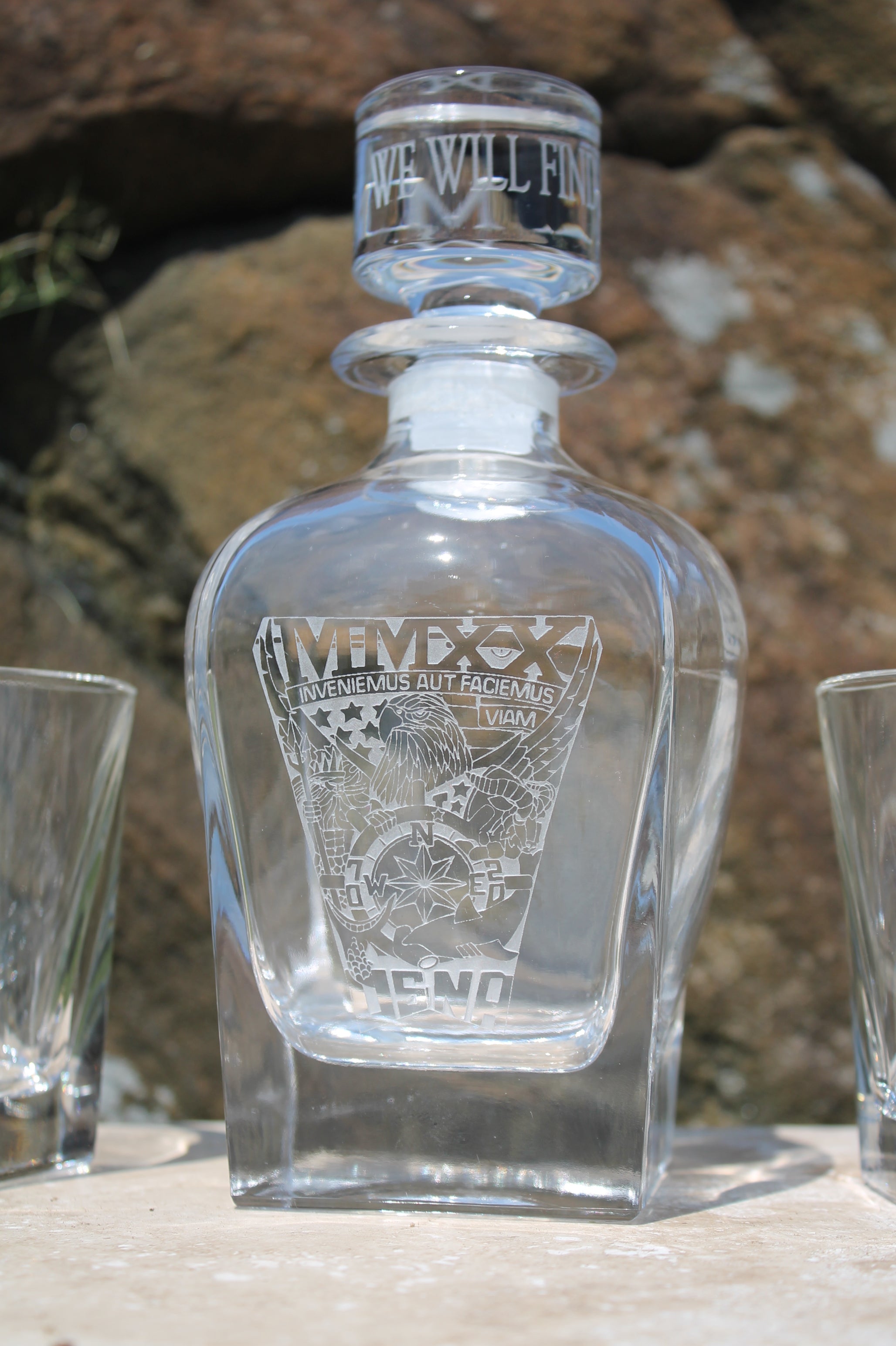 Crystal Rounded Whiskey Liquor Decanter and 2 Rocks Glass SET Custom Engraved USNA USMMA USAFA graduation commencement - Samstagsandmore