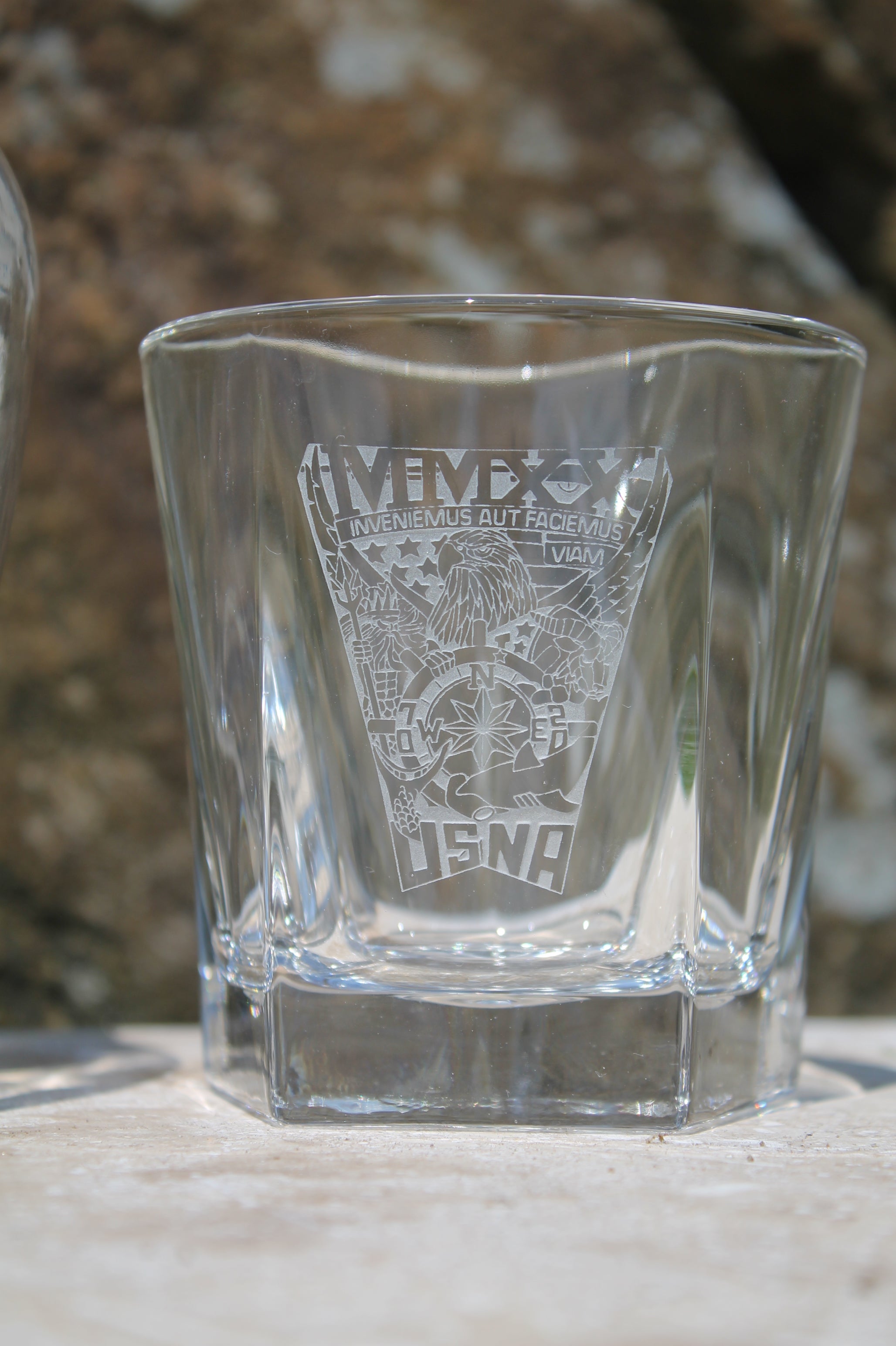 Crystal Rounded Whiskey Liquor Decanter and 2 Rocks Glass SET Custom Engraved USNA USMMA USAFA graduation commencement - Samstagsandmore