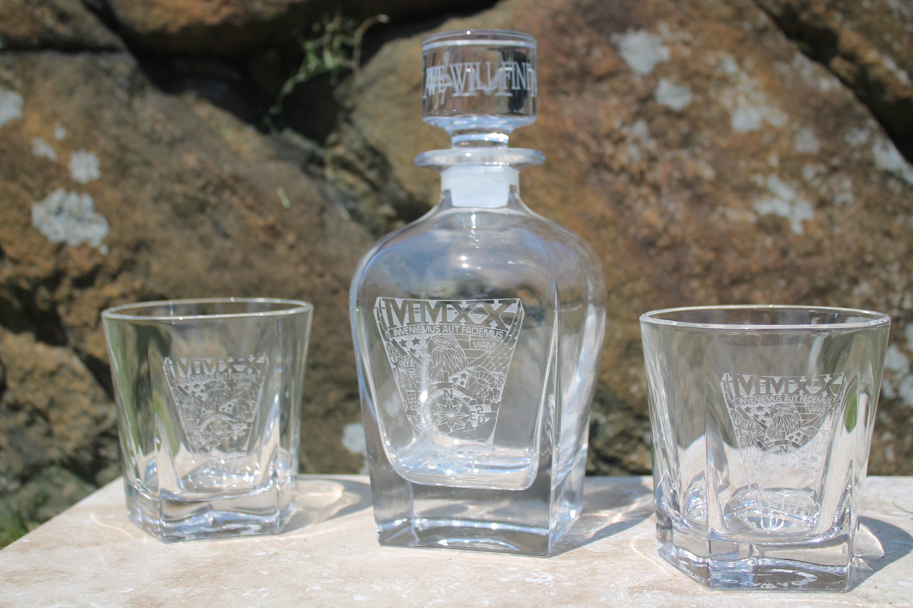 Crystal Rounded Whiskey Liquor Decanter and 2 Rocks Glass SET Custom Engraved USNA USMMA USAFA graduation commencement - Samstagsandmore