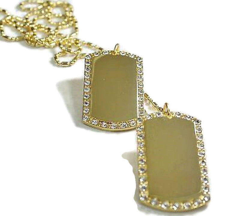 2X GOLD PLATED FLAT EDGE  NECKLACE PENDANT DOG TAG CZ BLING MILITARY STYLE - Samstagsandmore
