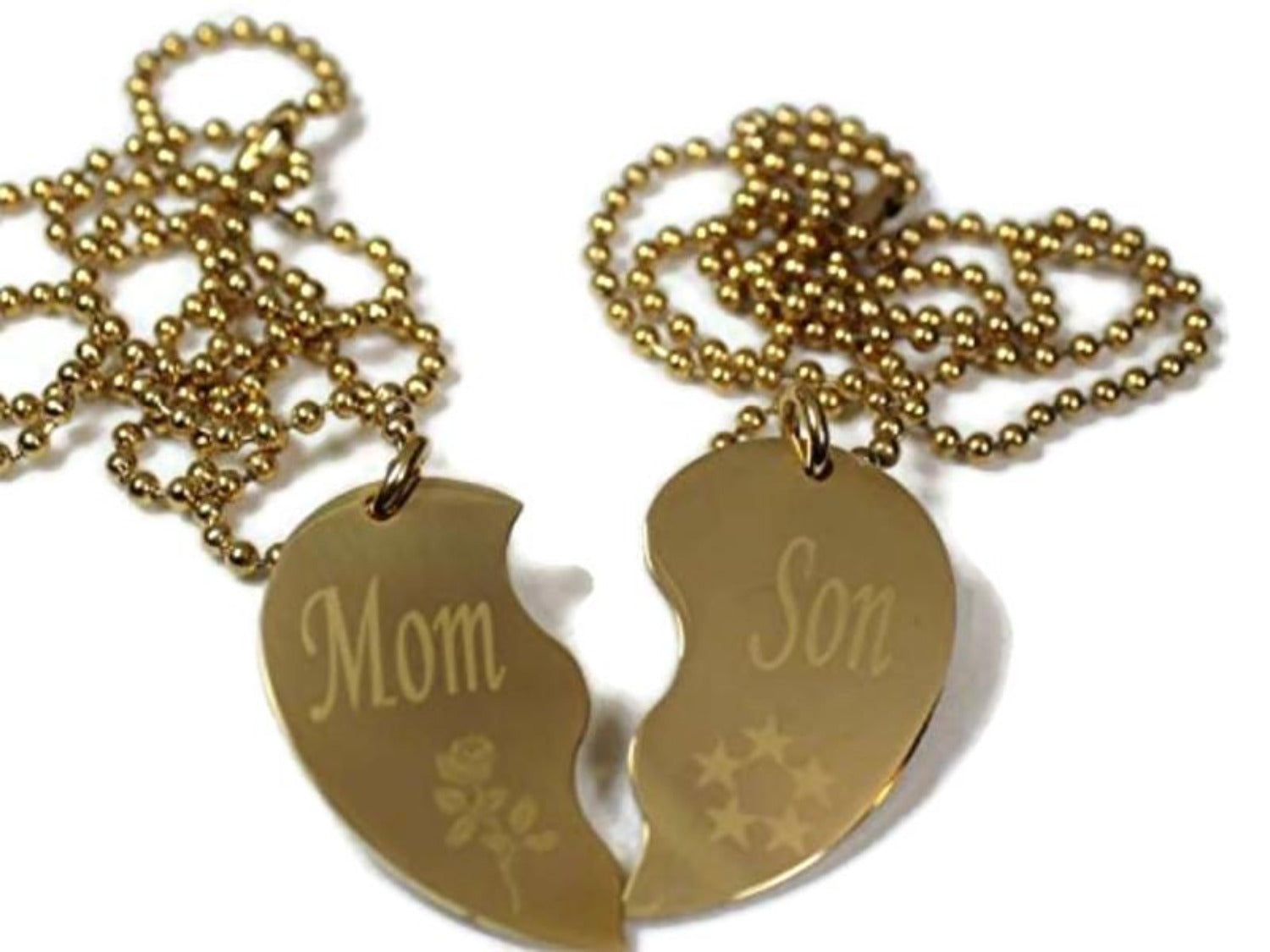 SPLIT HEART NECKLACE  MOM SON SET STAINLESS STEEL IPG GOLD PLATED PENDANTS TAGS - Samstagsandmore
