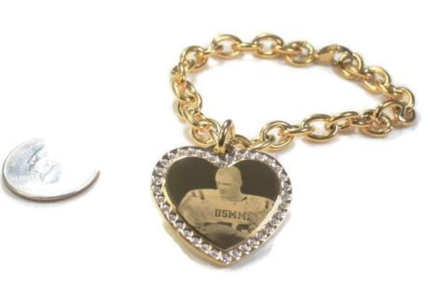 Custom Engraved Photo Pendant CZ Bling Gold IPG Stainless Steel Heart With Oval Link Chain Bracelet - Samstagsandmore