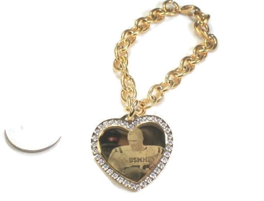 Photo Picture Text Custom Engraved CZ Bling Gold IPG Stainless Steel Heart With Oval Link Chain USMMA - Samstagsandmore