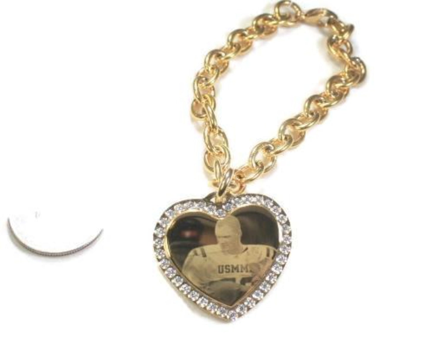 Custom Engraved Photo Pendant CZ Bling Gold IPG Stainless Steel Heart With Oval Link Chain Bracelet - Samstagsandmore