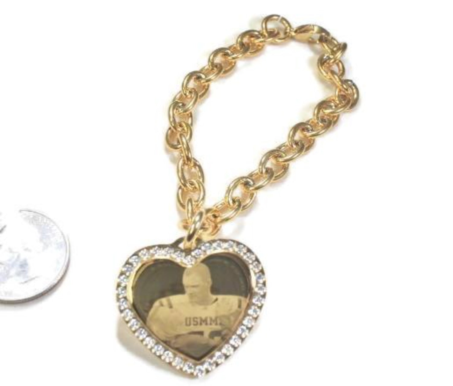 Custom Engraved Photo Pendant CZ Bling Gold IPG Stainless Steel Heart With Oval Link Chain Bracelet - Samstagsandmore