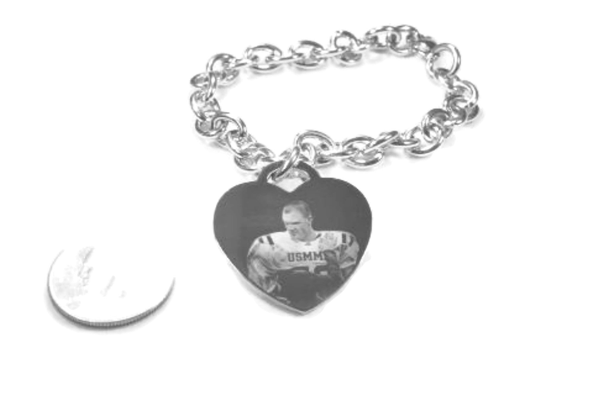 Photo Picture Text Tag Custom Engraved Style Silver Tone Stainless Steel Heart with Oval Link Chain Bracelet - Samstagsandmore