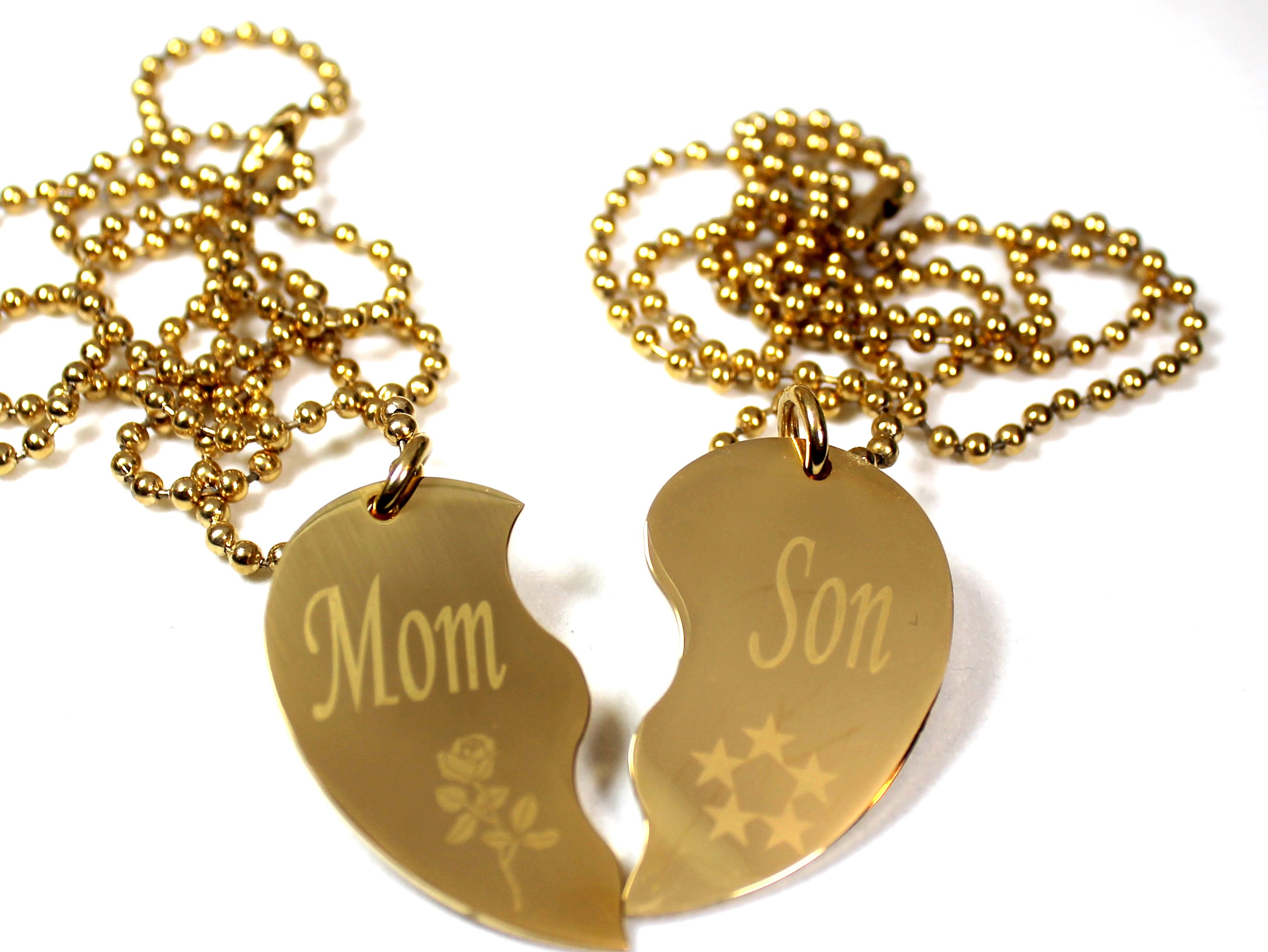 SPLIT HEART NECKLACE  MOM SON SET STAINLESS STEEL IPG GOLD PLATED PENDANTS TAGS - Samstagsandmore