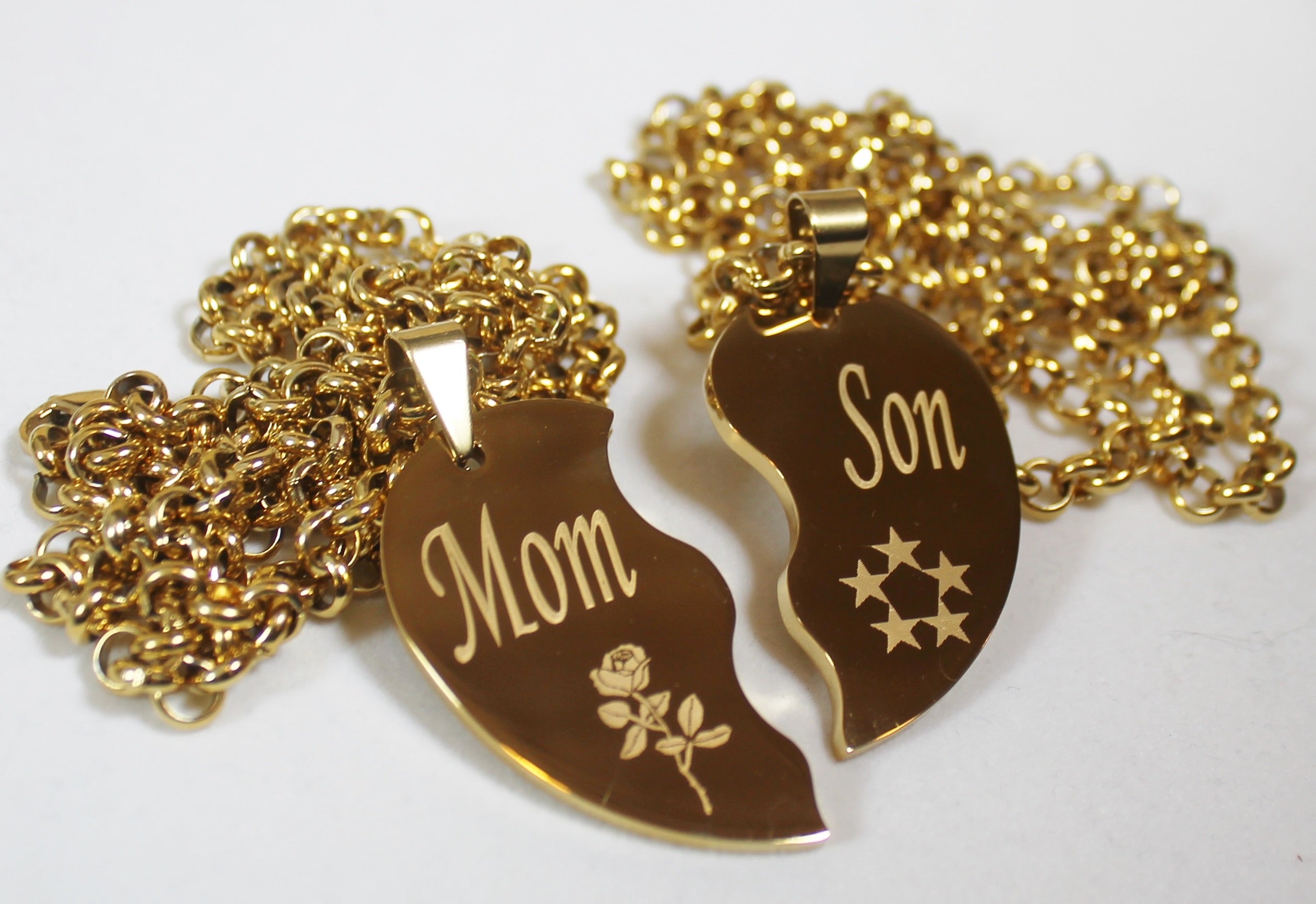 SPLIT HEART NECKLACE SOLID STAINLESS MOM SON IPG GOLD PLATED THICK PENDANTS - Samstagsandmore