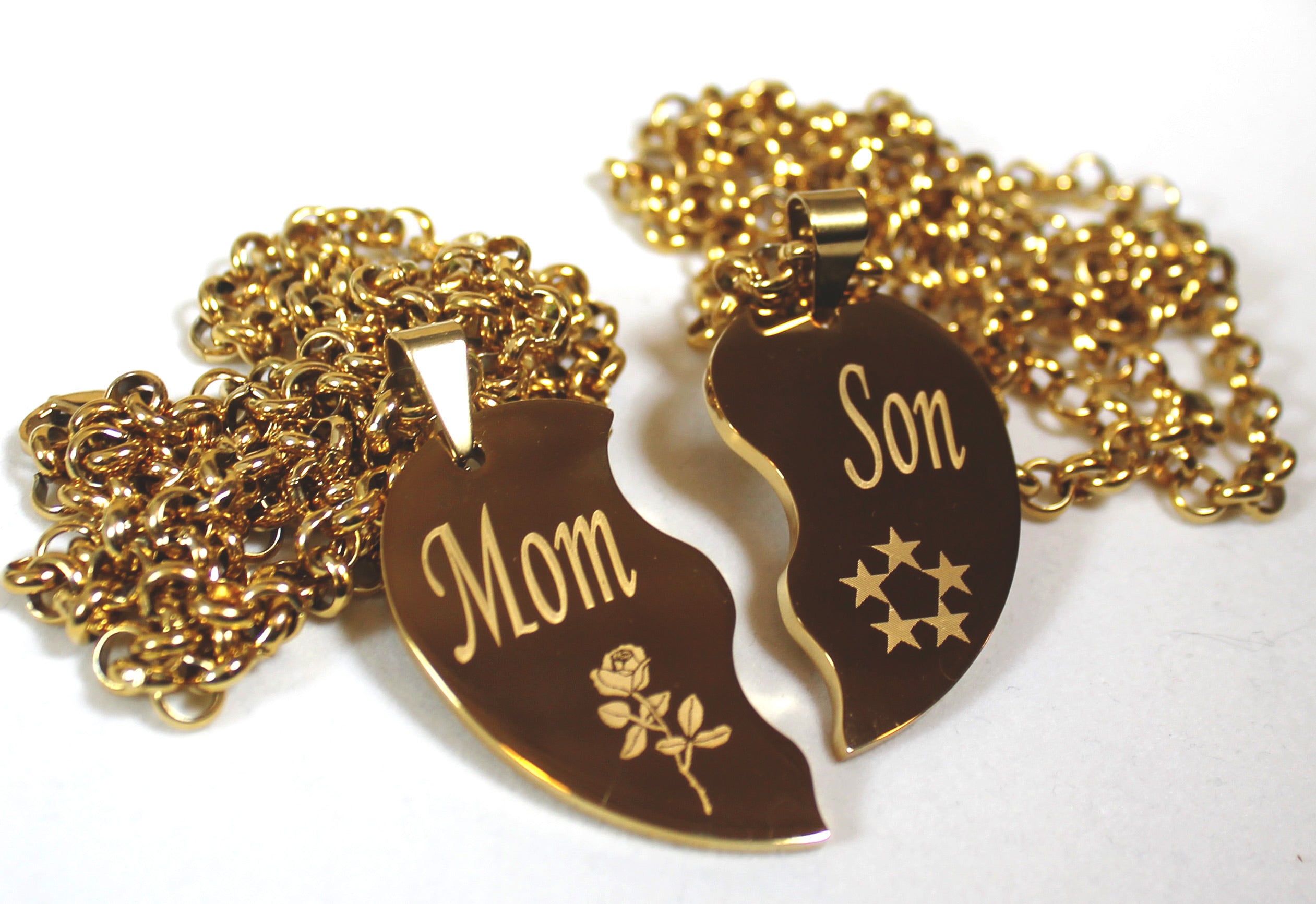 SPLIT HEART NECKLACE SOLID STAINLESS MOM SON IPG GOLD PLATED THICK PENDANTS - Samstagsandmore