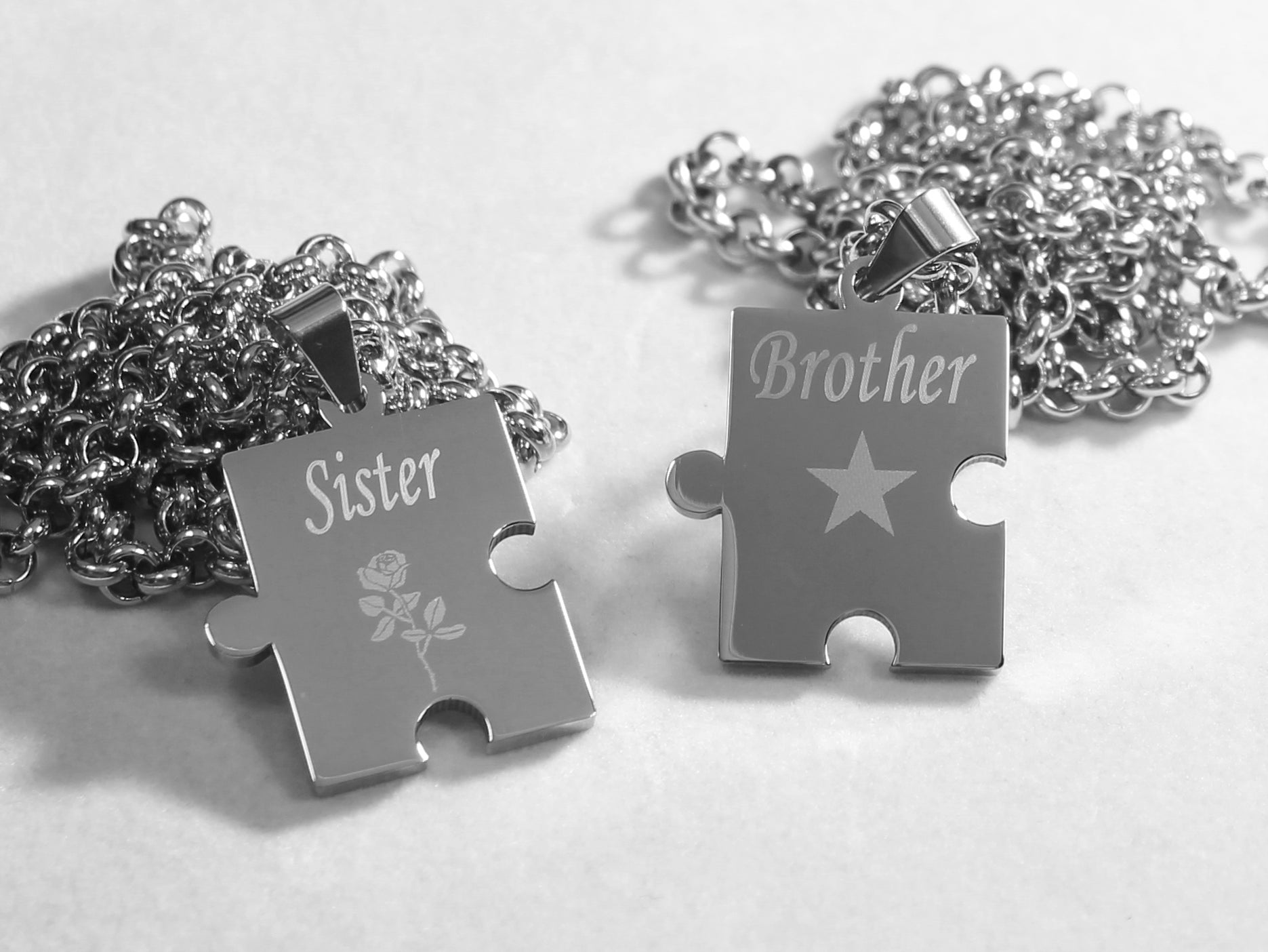 BROTHER SISTER PUZZLE PIECE X2 TAGS, SOLID STAINLESS STEEL ROLO  CHAIN NECKLACE - Samstagsandmore