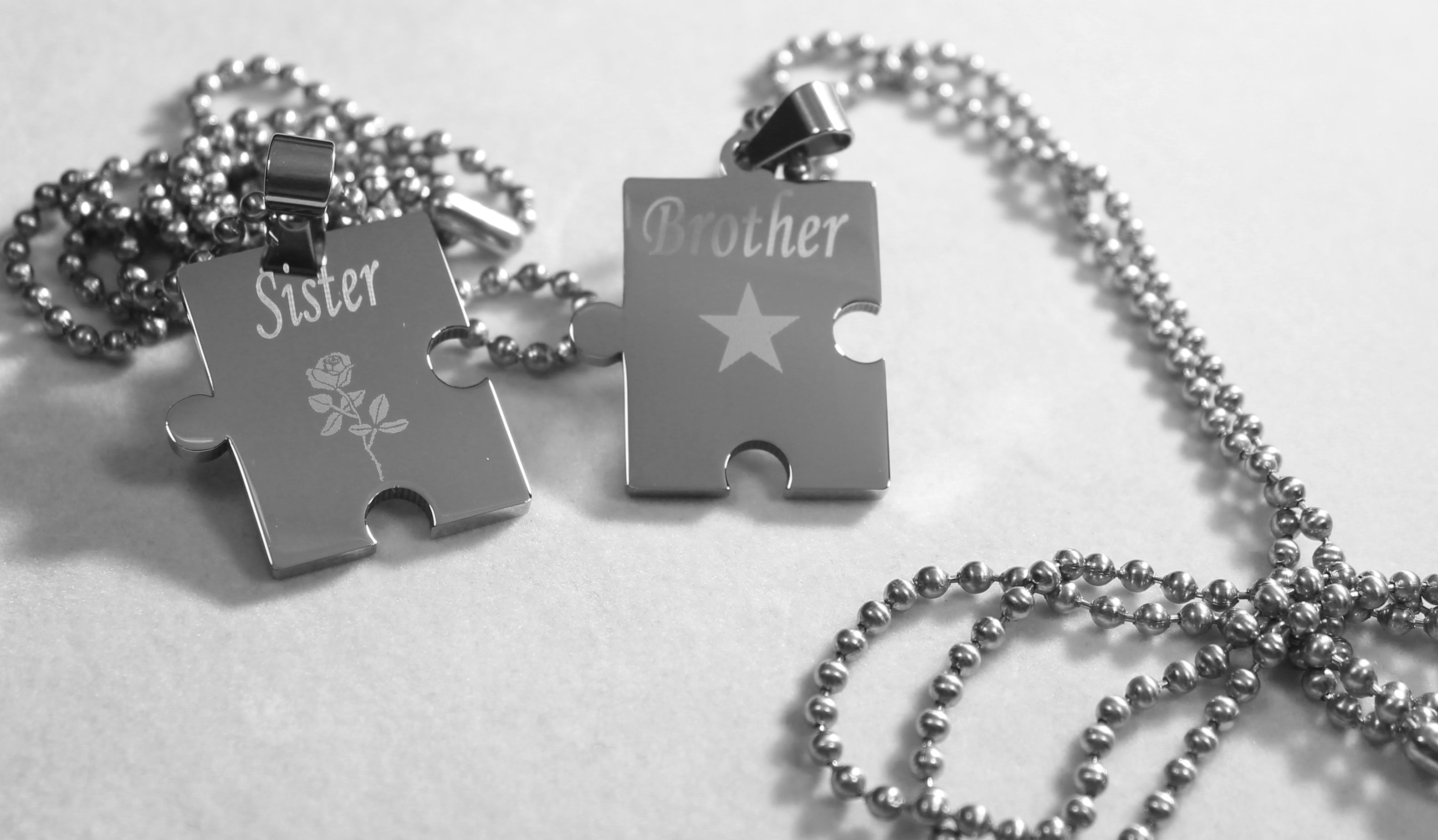 BROTHER SISTER PUZZLE PIECE TWO DOG TAGS, SOLID STAINLESS STEEL BALL  CHAIN NECKLACE - Samstagsandmore