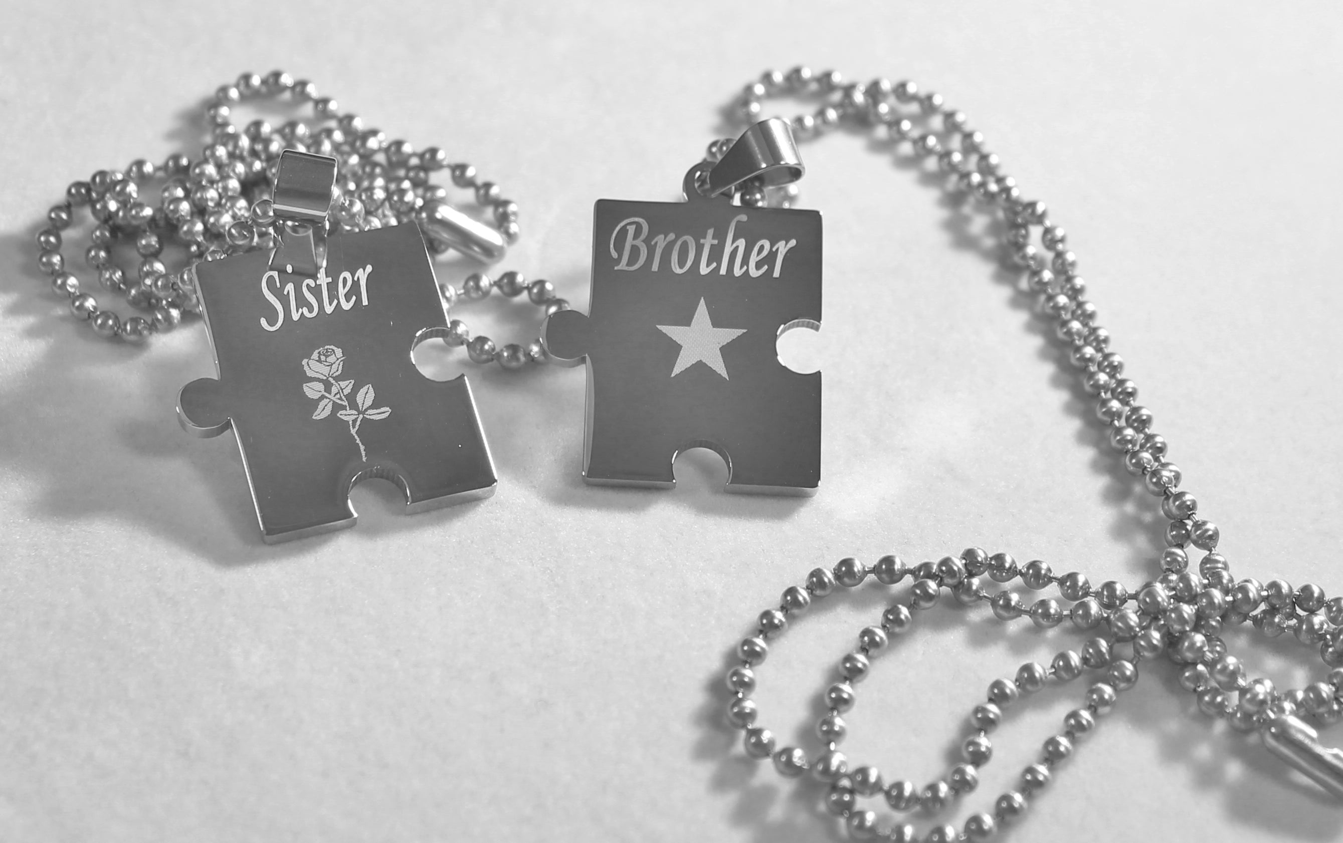 BROTHER SISTER PUZZLE PIECE TWO DOG TAGS, SOLID STAINLESS STEEL BALL  CHAIN NECKLACE - Samstagsandmore